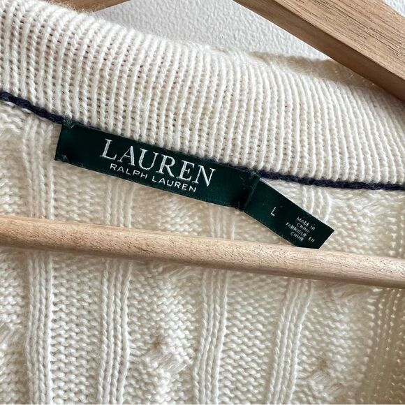 Ralph Lauren V Neck Tennis Sweater White Cricket Cable Knit Academia Size Large - Picture 4 of 5